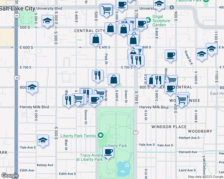 map of restaurants, bars, coffee shops, grocery stores, and more near 566 East 800 South in Salt Lake City