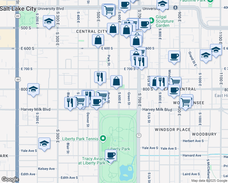 map of restaurants, bars, coffee shops, grocery stores, and more near 566 East 800 South in Salt Lake City