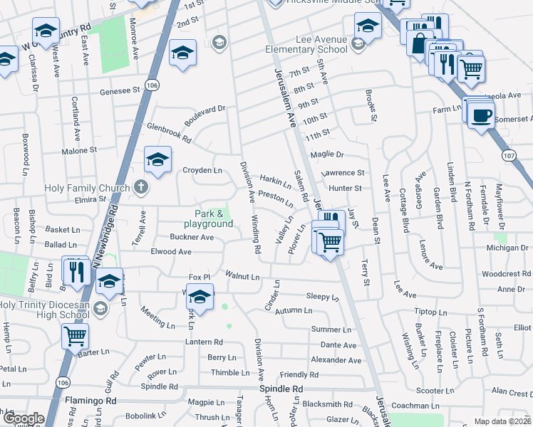 map of restaurants, bars, coffee shops, grocery stores, and more near 11 Derby Road in Hicksville