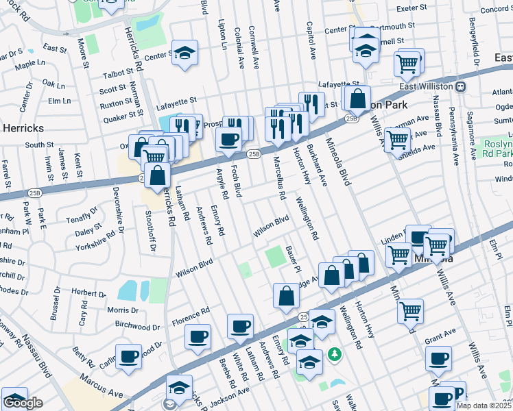 map of restaurants, bars, coffee shops, grocery stores, and more near 311 Houston Avenue in Mineola