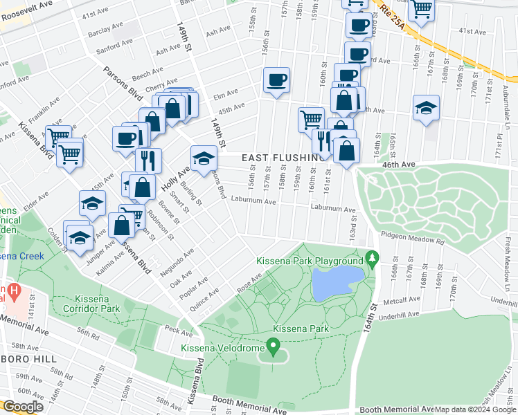 map of restaurants, bars, coffee shops, grocery stores, and more near 156-04 Laburnum Avenue in Queens