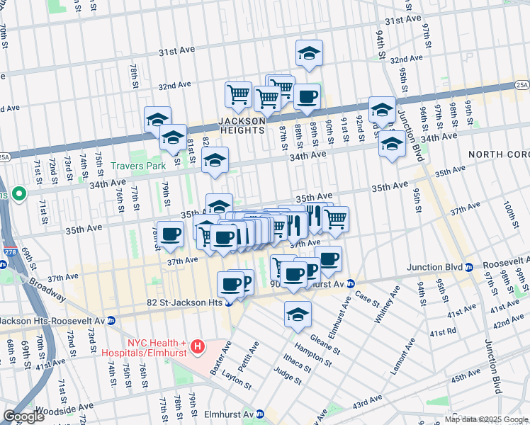 map of restaurants, bars, coffee shops, grocery stores, and more near in Queens