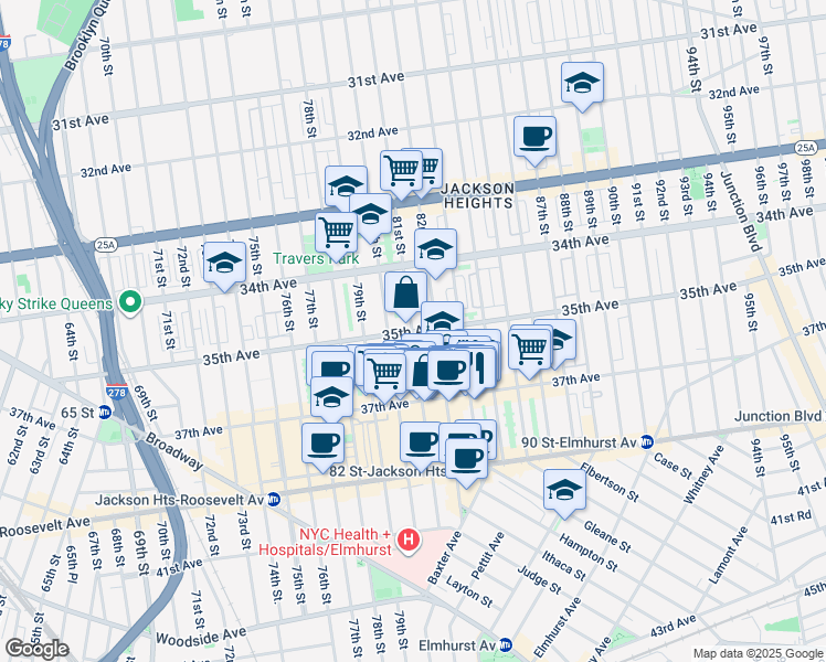 map of restaurants, bars, coffee shops, grocery stores, and more near 81-05 35th Avenue in Queens