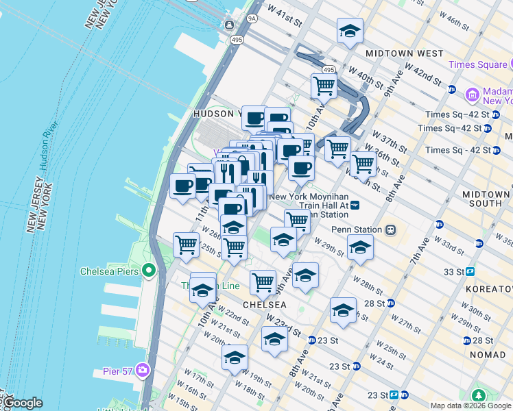 map of restaurants, bars, coffee shops, grocery stores, and more near 519 West 29th Street in New York
