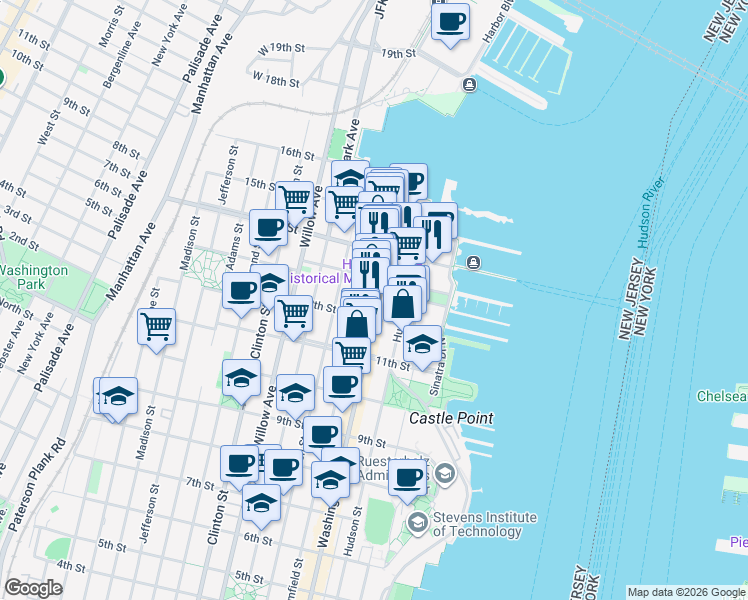 map of restaurants, bars, coffee shops, grocery stores, and more near 1217 Washington Street in Hoboken