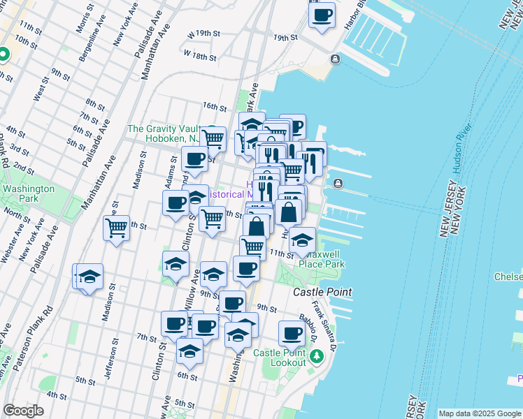 map of restaurants, bars, coffee shops, grocery stores, and more near 1217 Washington Street in Hoboken