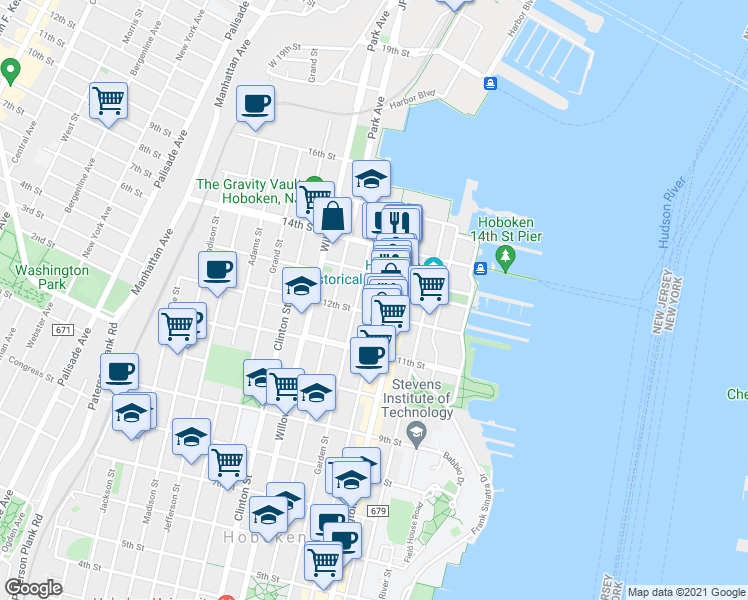 map of restaurants, bars, coffee shops, grocery stores, and more near 1227 Garden Street in Hoboken