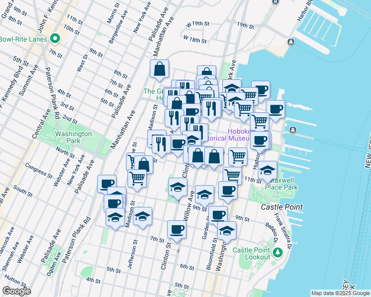 map of restaurants, bars, coffee shops, grocery stores, and more near 1130 Grand Street in Hoboken