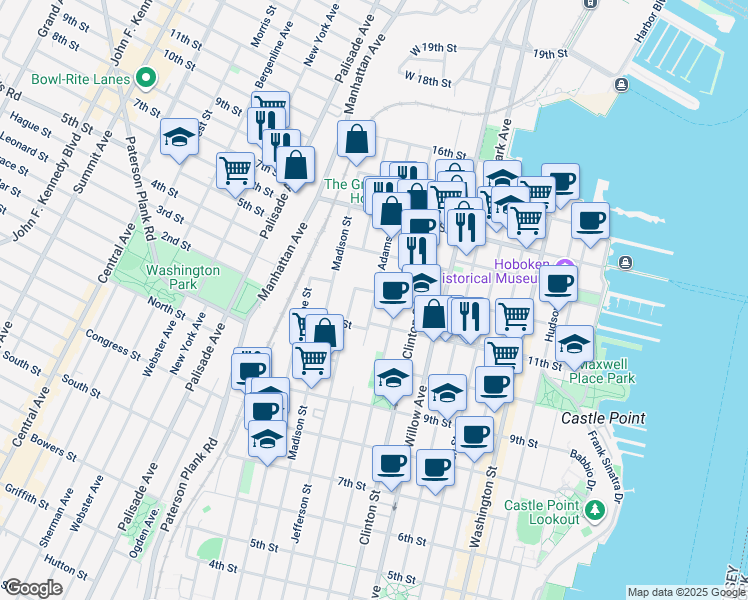 map of restaurants, bars, coffee shops, grocery stores, and more near 1125 Jefferson Street in Hoboken