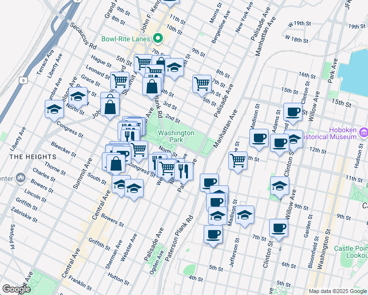 map of restaurants, bars, coffee shops, grocery stores, and more near 399 Webster Avenue in Jersey City