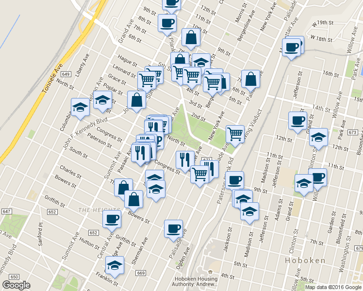 map of restaurants, bars, coffee shops, grocery stores, and more near 55 North Street in Jersey City