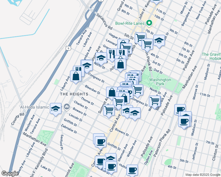 map of restaurants, bars, coffee shops, grocery stores, and more near 181 Congress Street in Jersey City
