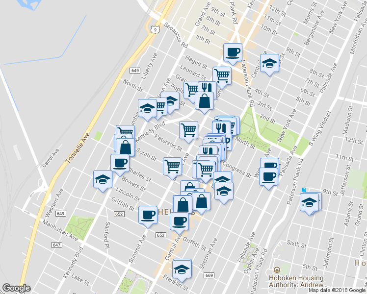 map of restaurants, bars, coffee shops, grocery stores, and more near 181 Congress Street in Jersey City