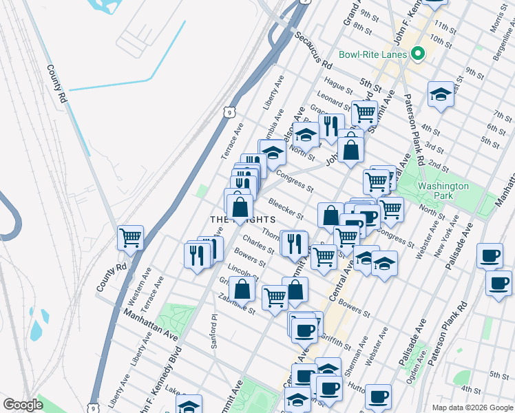 map of restaurants, bars, coffee shops, grocery stores, and more near 3523 John F. Kennedy Boulevard in Jersey City