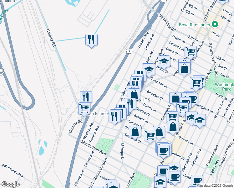 map of restaurants, bars, coffee shops, grocery stores, and more near 168 County Road 649 in Jersey City
