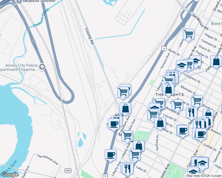 map of restaurants, bars, coffee shops, grocery stores, and more near County Rd in Jersey City