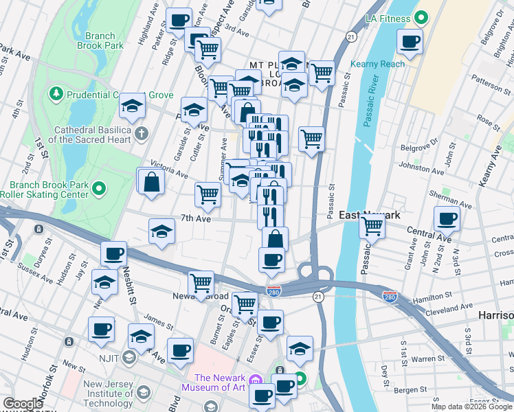 map of restaurants, bars, coffee shops, grocery stores, and more near 24 Crane Street in Newark