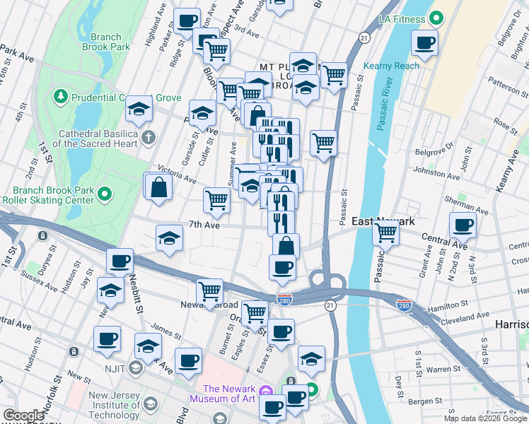 map of restaurants, bars, coffee shops, grocery stores, and more near 24 Crane Street in Newark