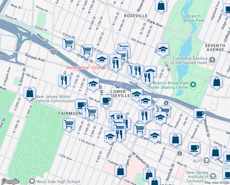 map of restaurants, bars, coffee shops, grocery stores, and more near 75 North 7th Street in Newark