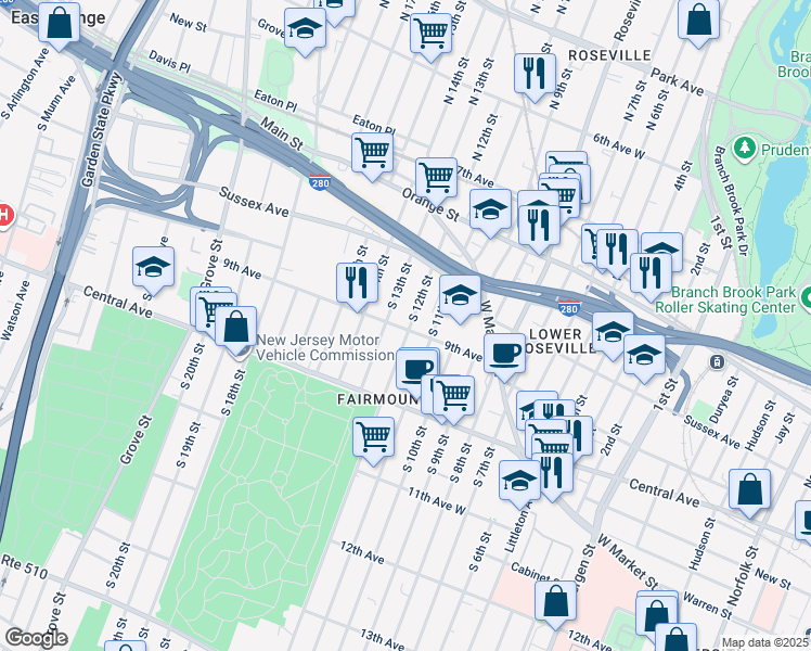 map of restaurants, bars, coffee shops, grocery stores, and more near 71 9th Avenue in Newark