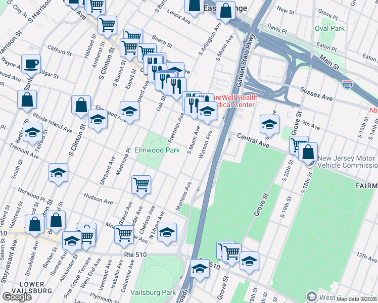map of restaurants, bars, coffee shops, grocery stores, and more near 123 South Munn Avenue in East Orange