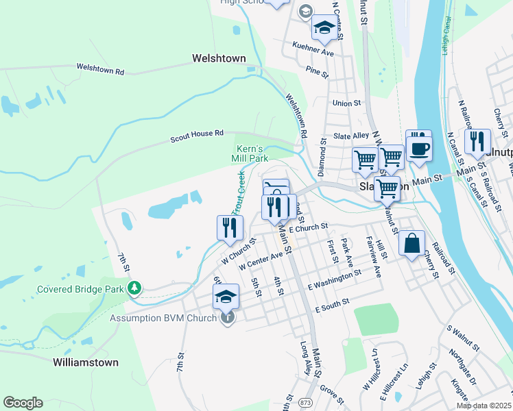 map of restaurants, bars, coffee shops, grocery stores, and more near 15 Willow Avenue in Slatington