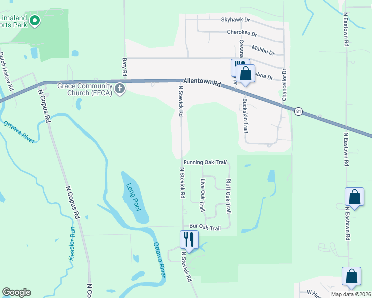 map of restaurants, bars, coffee shops, grocery stores, and more near 1086 North Stevick Road in Elida