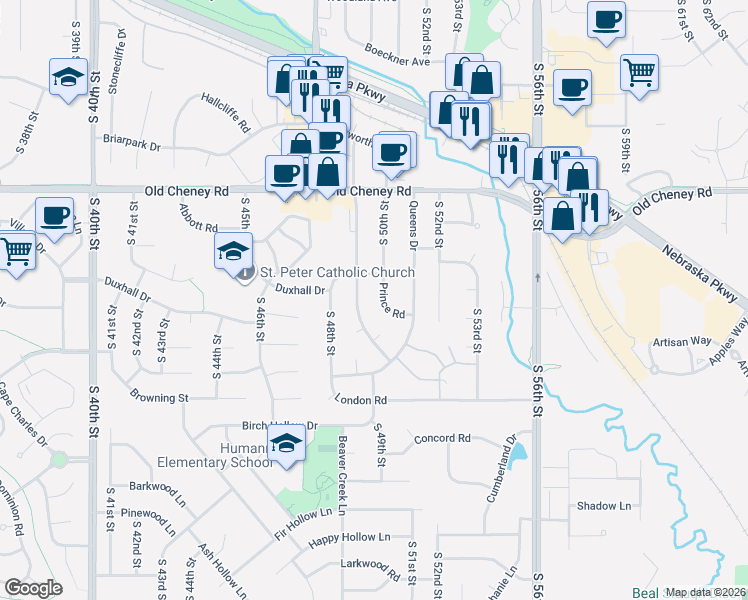 map of restaurants, bars, coffee shops, grocery stores, and more near 5013 Prince Road in Lincoln