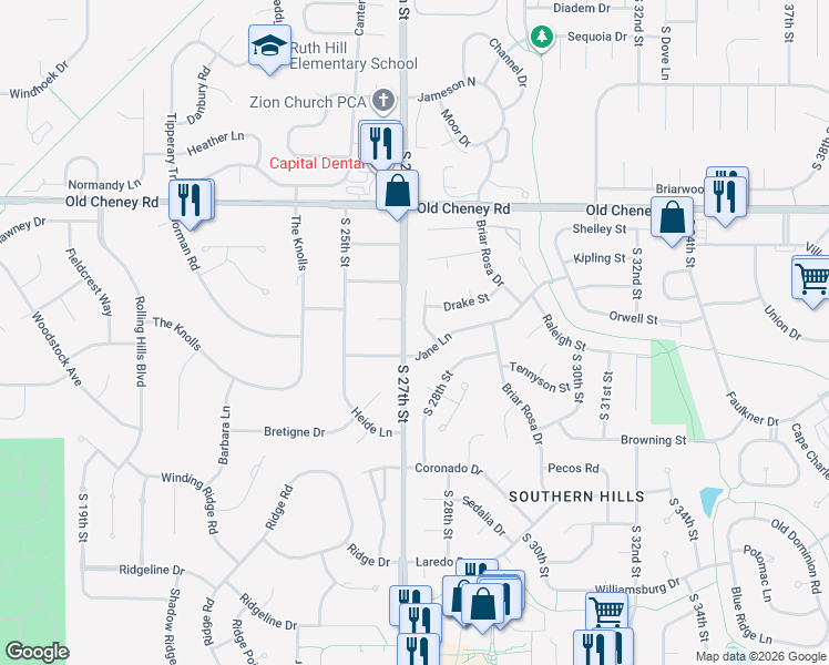 map of restaurants, bars, coffee shops, grocery stores, and more near 2621 Norman Circle in Lincoln