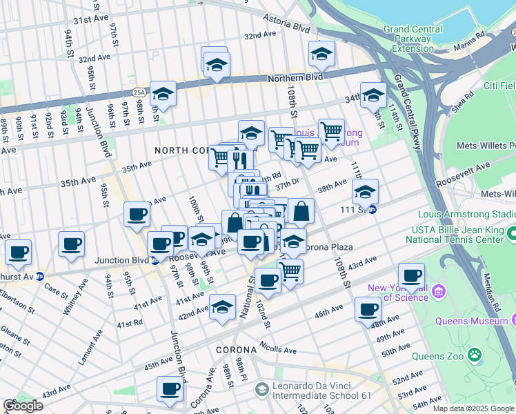 map of restaurants, bars, coffee shops, grocery stores, and more near 37-54 104th Street in Queens