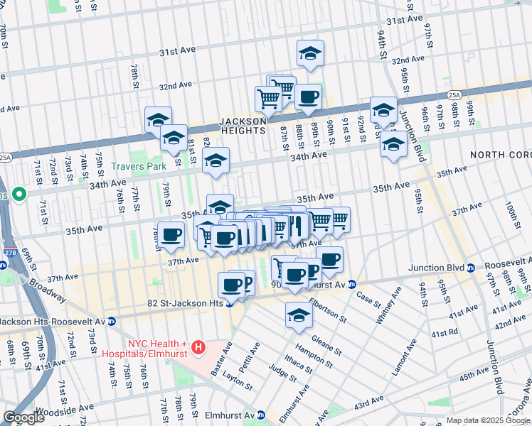 map of restaurants, bars, coffee shops, grocery stores, and more near in Queens