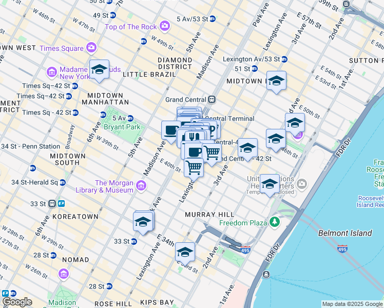 map of restaurants, bars, coffee shops, grocery stores, and more near 110 East 42nd Street in New York