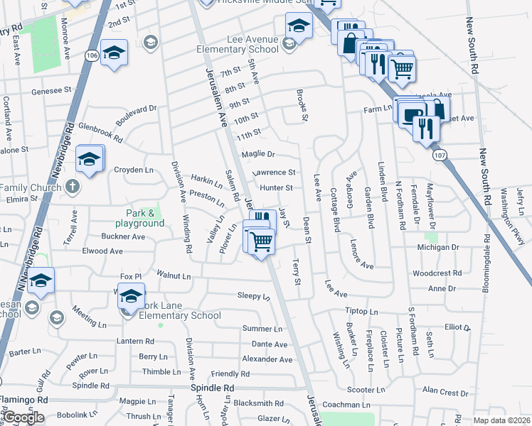 map of restaurants, bars, coffee shops, grocery stores, and more near 15 Parc Lane in Hicksville