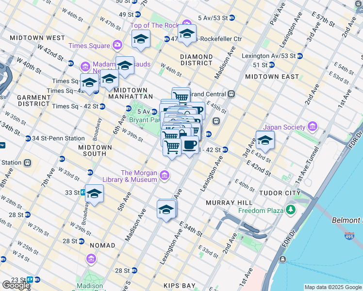 map of restaurants, bars, coffee shops, grocery stores, and more near 285 Madison Avenue in New York