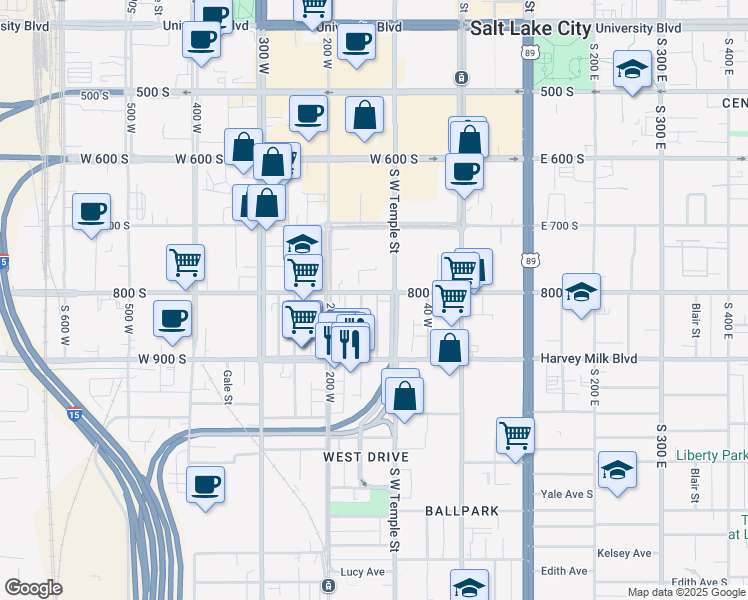 map of restaurants, bars, coffee shops, grocery stores, and more near 125 West 800 South in Salt Lake City