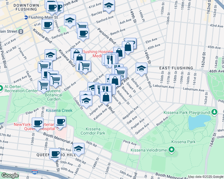 map of restaurants, bars, coffee shops, grocery stores, and more near 141-11 Holly Avenue in Queens