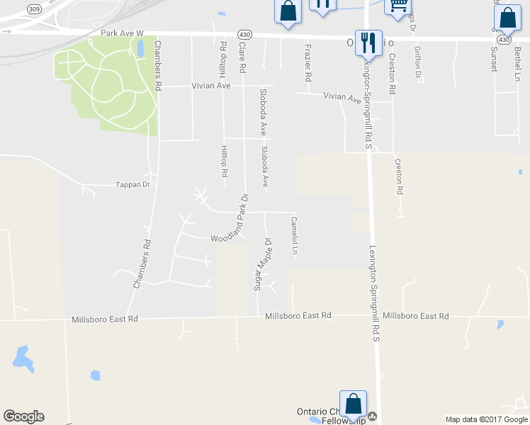 map of restaurants, bars, coffee shops, grocery stores, and more near 2465 Forest Hill Drive in Ontario