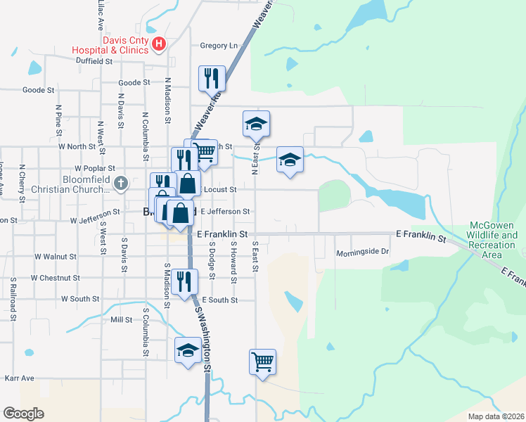 map of restaurants, bars, coffee shops, grocery stores, and more near 100-198 N East St in Bloomfield