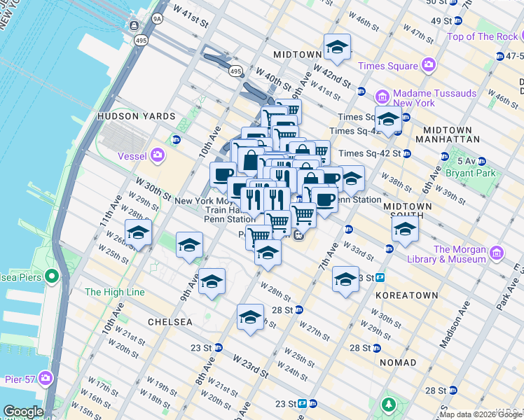 map of restaurants, bars, coffee shops, grocery stores, and more near 350 West 33rd Street in New York