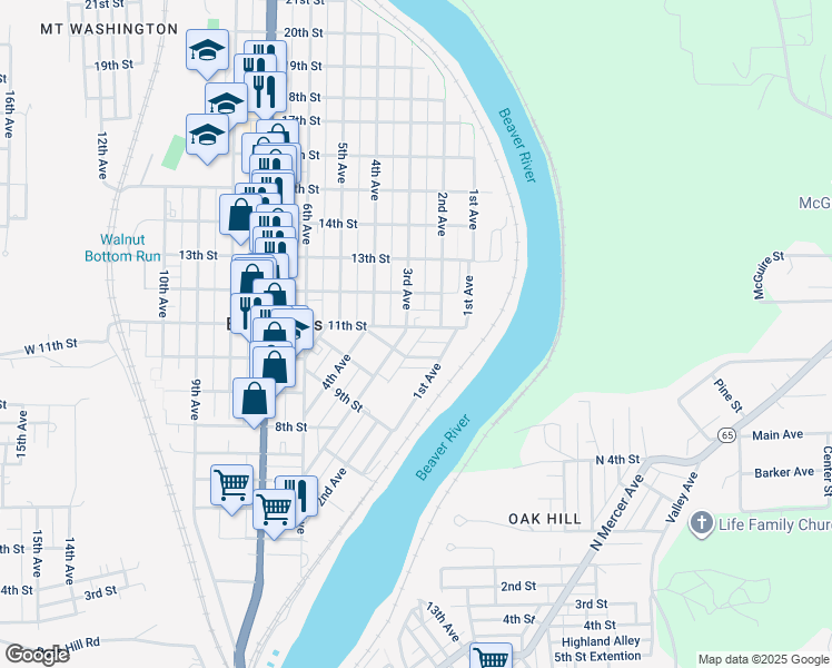 map of restaurants, bars, coffee shops, grocery stores, and more near 237 11th Street in Beaver Falls