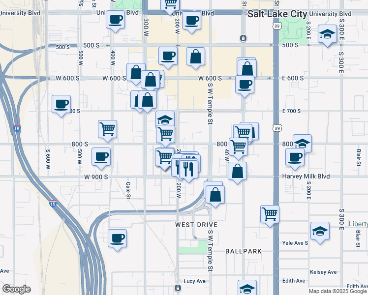 map of restaurants, bars, coffee shops, grocery stores, and more near 165 West 800 South in Salt Lake City