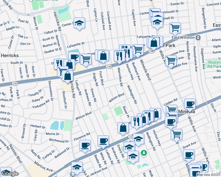 map of restaurants, bars, coffee shops, grocery stores, and more near 311 Houston Avenue in Mineola