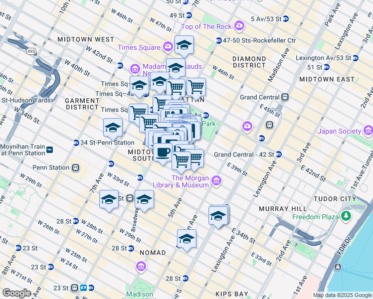 map of restaurants, bars, coffee shops, grocery stores, and more near 32 West 38th Street in Brooklyn