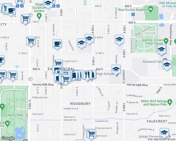 map of restaurants, bars, coffee shops, grocery stores, and more near 551 South McClelland Street in Salt Lake City