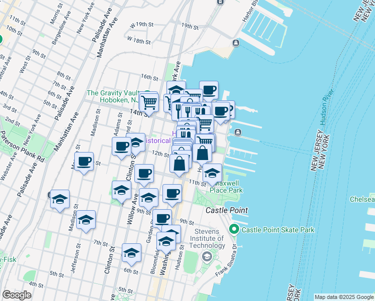 map of restaurants, bars, coffee shops, grocery stores, and more near 1217 Washington Street in Hoboken