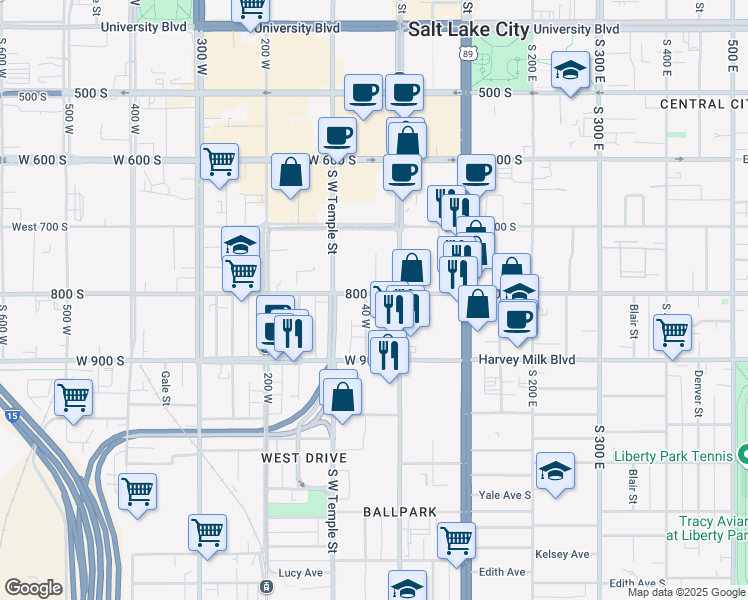 map of restaurants, bars, coffee shops, grocery stores, and more near 29 West 800 South in Salt Lake City