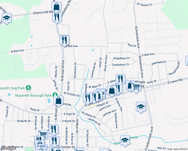 map of restaurants, bars, coffee shops, grocery stores, and more near 182 Creekside Drive in Nazareth