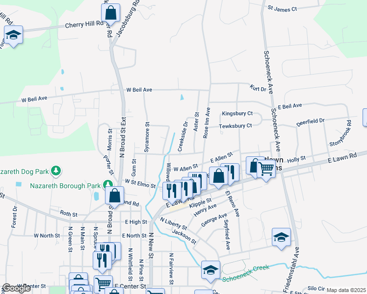 map of restaurants, bars, coffee shops, grocery stores, and more near 182 Creekside Drive in Nazareth