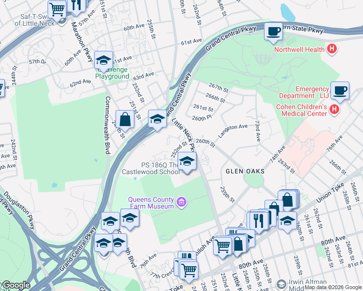 map of restaurants, bars, coffee shops, grocery stores, and more near 70-8 252nd Street in Queens