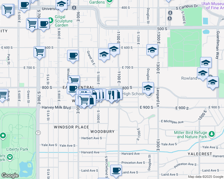 map of restaurants, bars, coffee shops, grocery stores, and more near 551 South McClelland Street in Salt Lake City